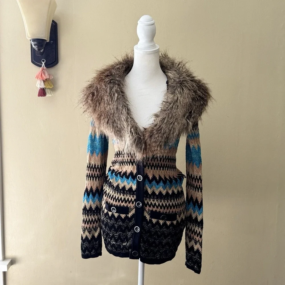 Cache VTG Womens Faux Fur Collar Chevron Cardigan XS Multicolor Glitter Y2K Glam